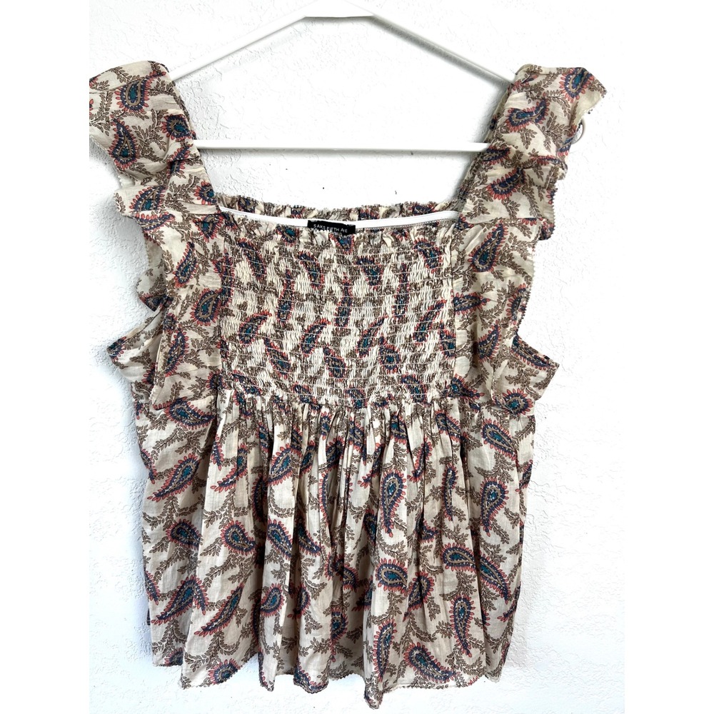 Saks Fifth Avenue Paisley Smocked
Ruffle Sleeve Top Size Med Smocked Square Neck